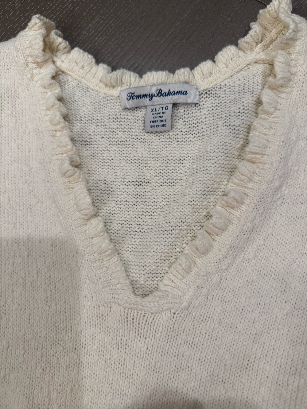 Tommy Bahama Cream Ruffle-Trim V-Neck Sweater